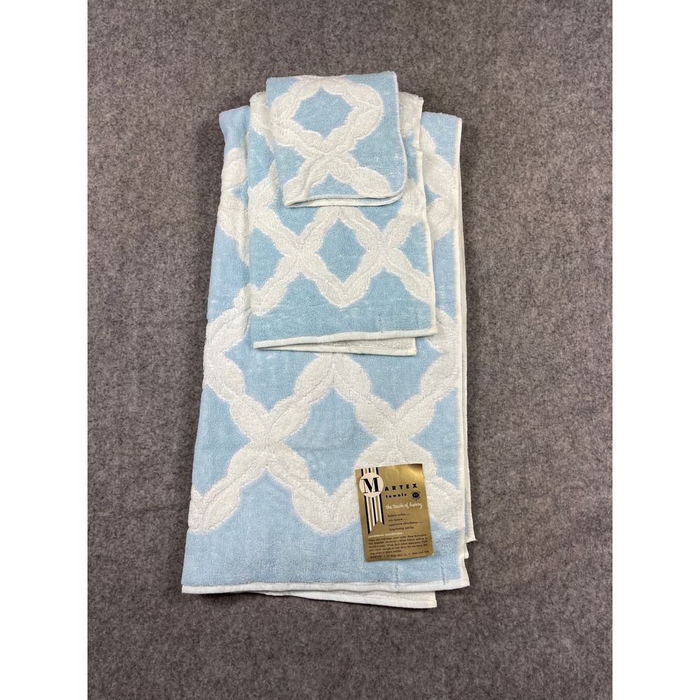 Vintage Martex Blue White Trellis Cotton Towel Set 3pc Bath Hand Washcloth USA